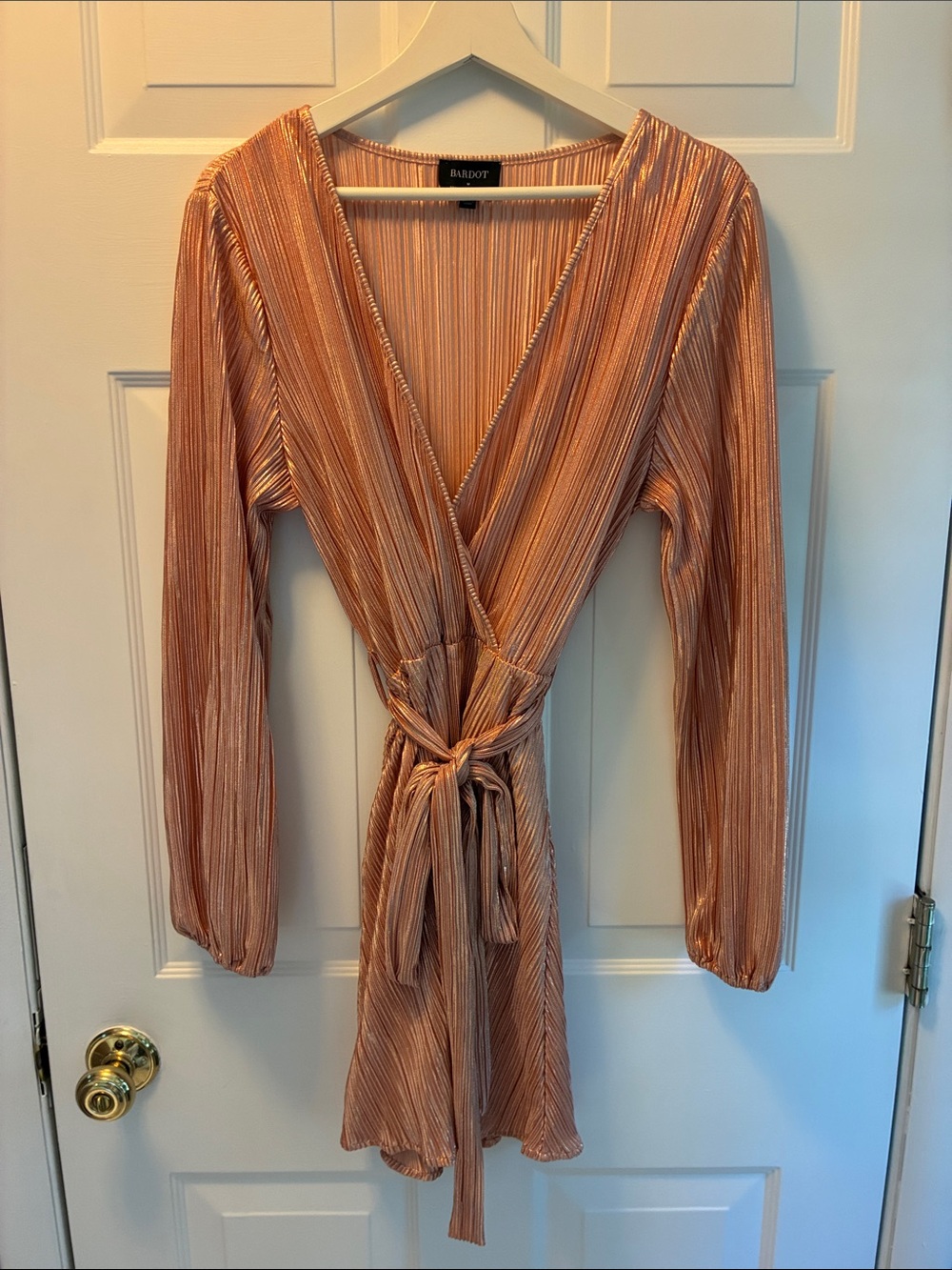 Bardot Metallic Rose Gold Long-Sleeve Wrap Dress